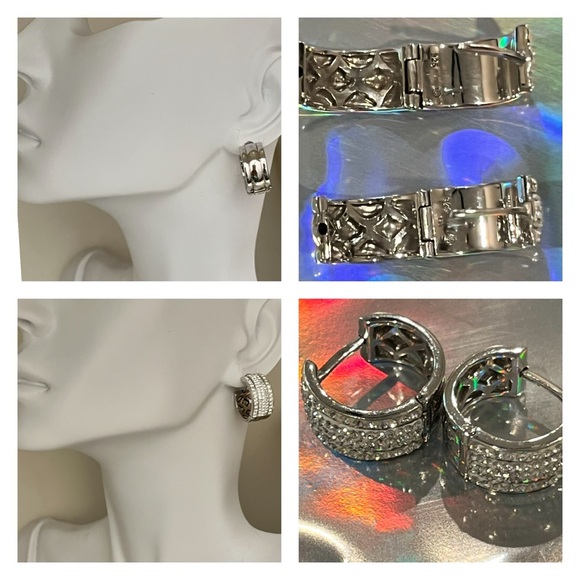 Two Sided Reversible Silver Rhinestone Cz Huggie Earrings - Picture 1 of 9